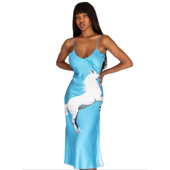 Tyler McGillivary Equestrian Slip Dress Horse Blue Midi - Picture 3 of 17
